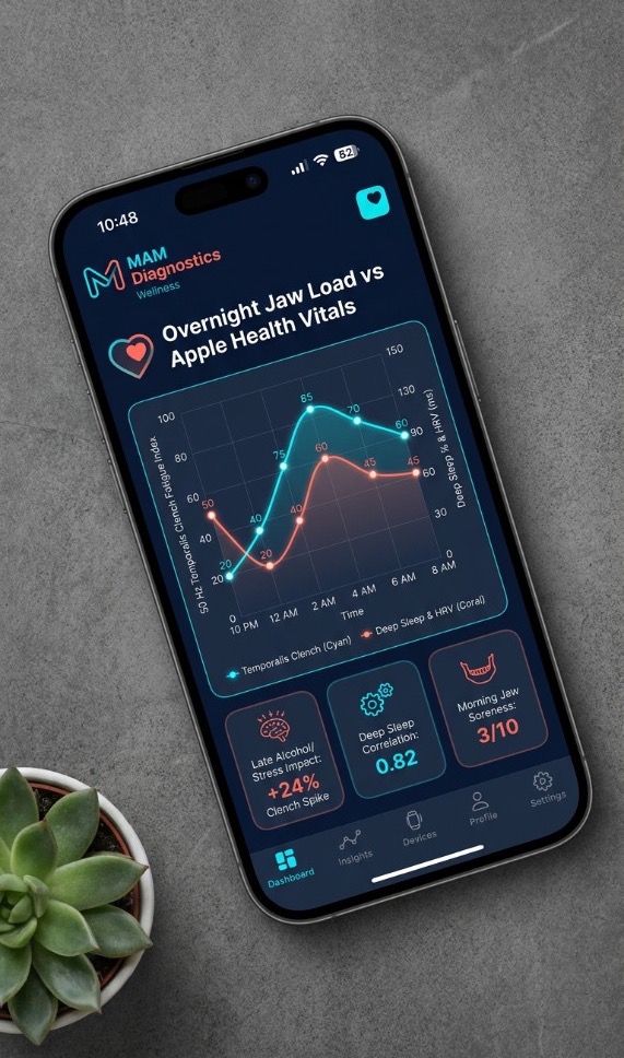 Drawn phone screen titled Overnight Jaw Load vs Apple Health Vitals, with a cyan jaw-load line and a coral sleep line